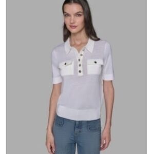 KARL LAGERFELD NEW XS White Short-Sleeve Knit Polo Top with Chest Pockets